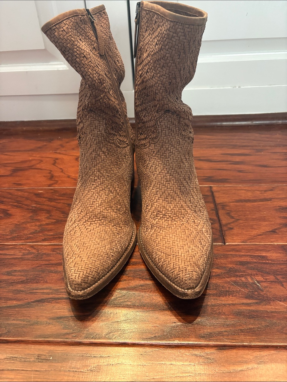 Women's Woven Tan Lace-Up Mid-Calf Boots